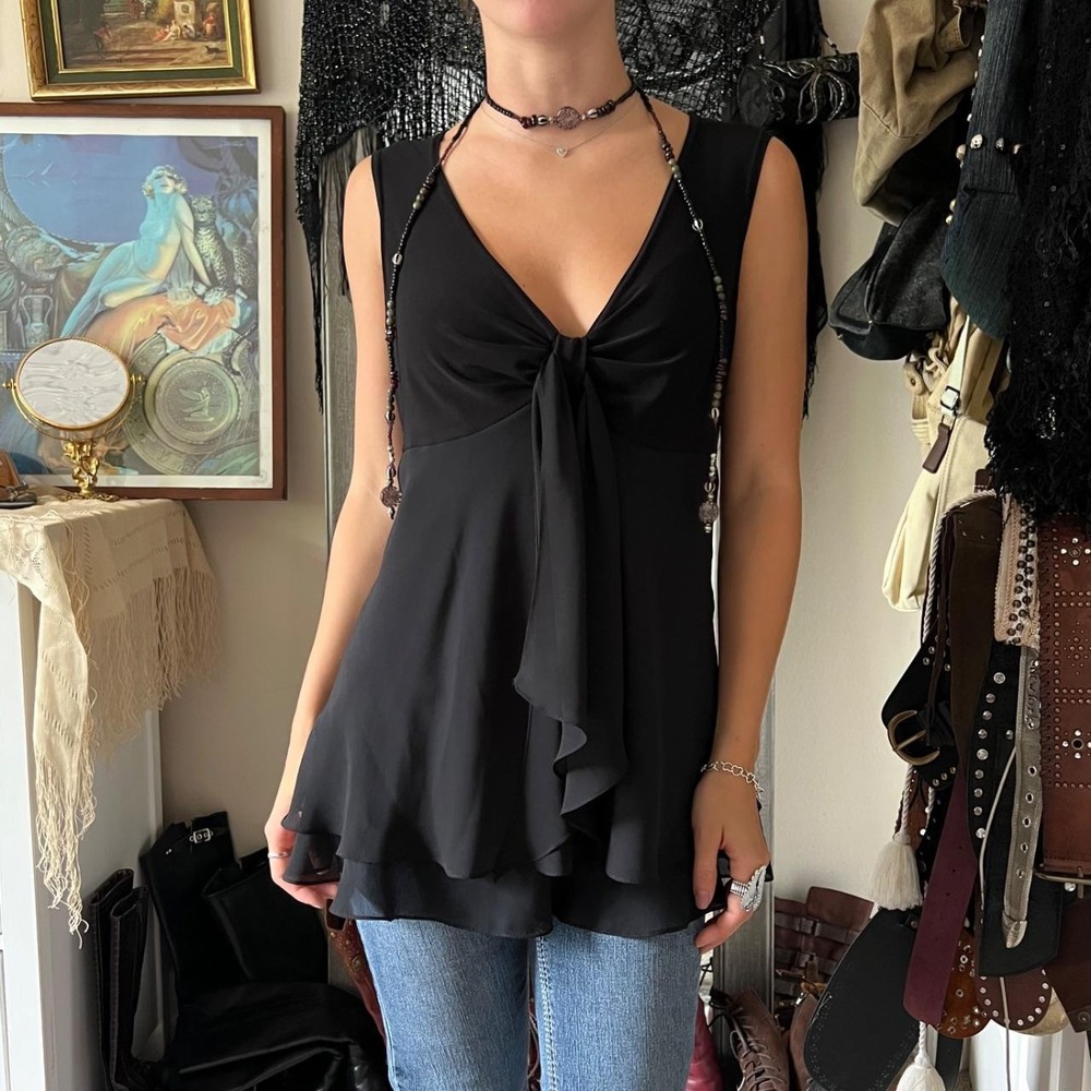 Vintage Metaphor Black Flowy Bow Blouse Sleeveless Ruffle Top Medium Whimsygoth